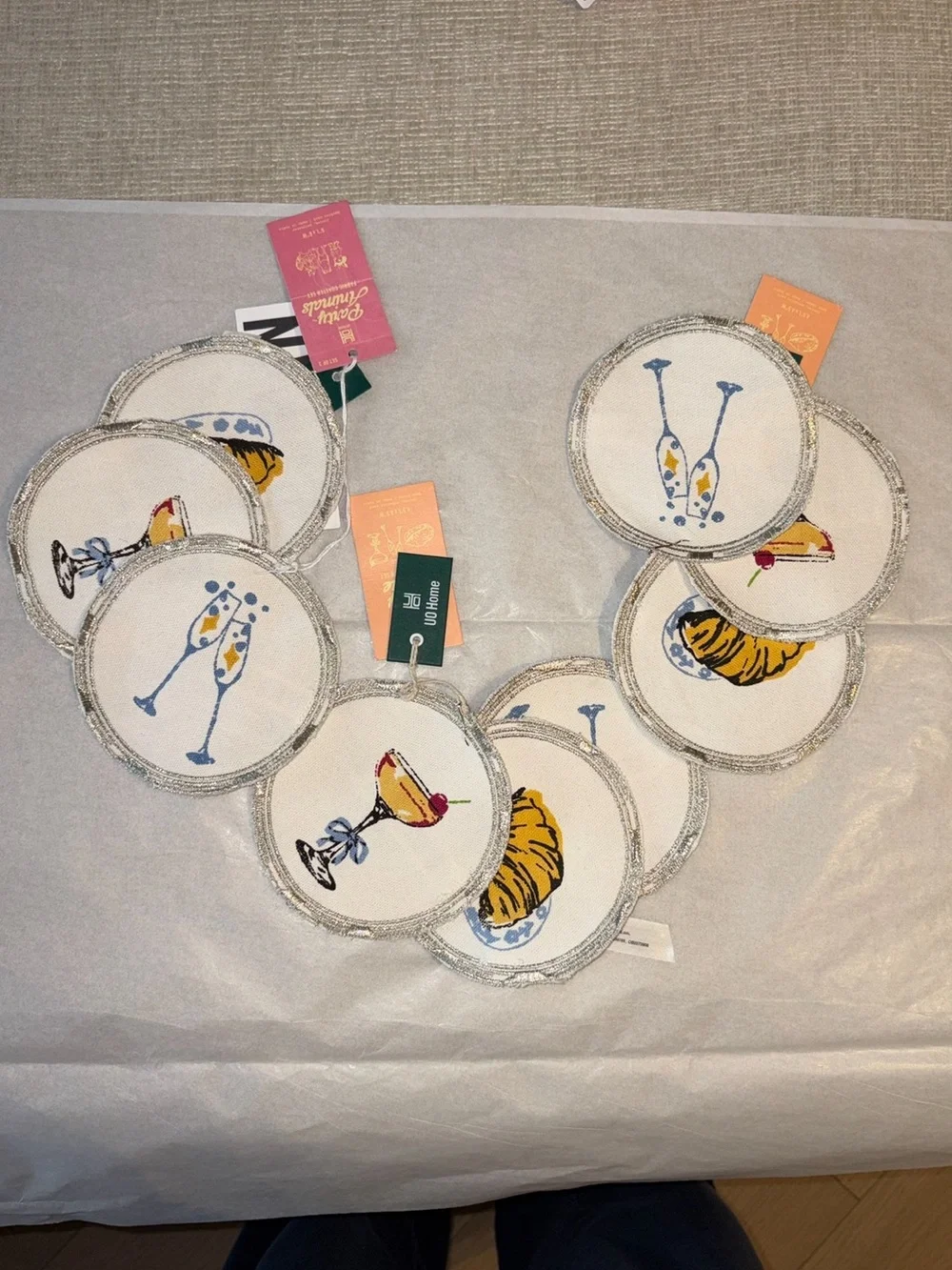 Urban Outfitters Coaster Set of 9 Embroidered Fabric Coaster White Party NEW NWT